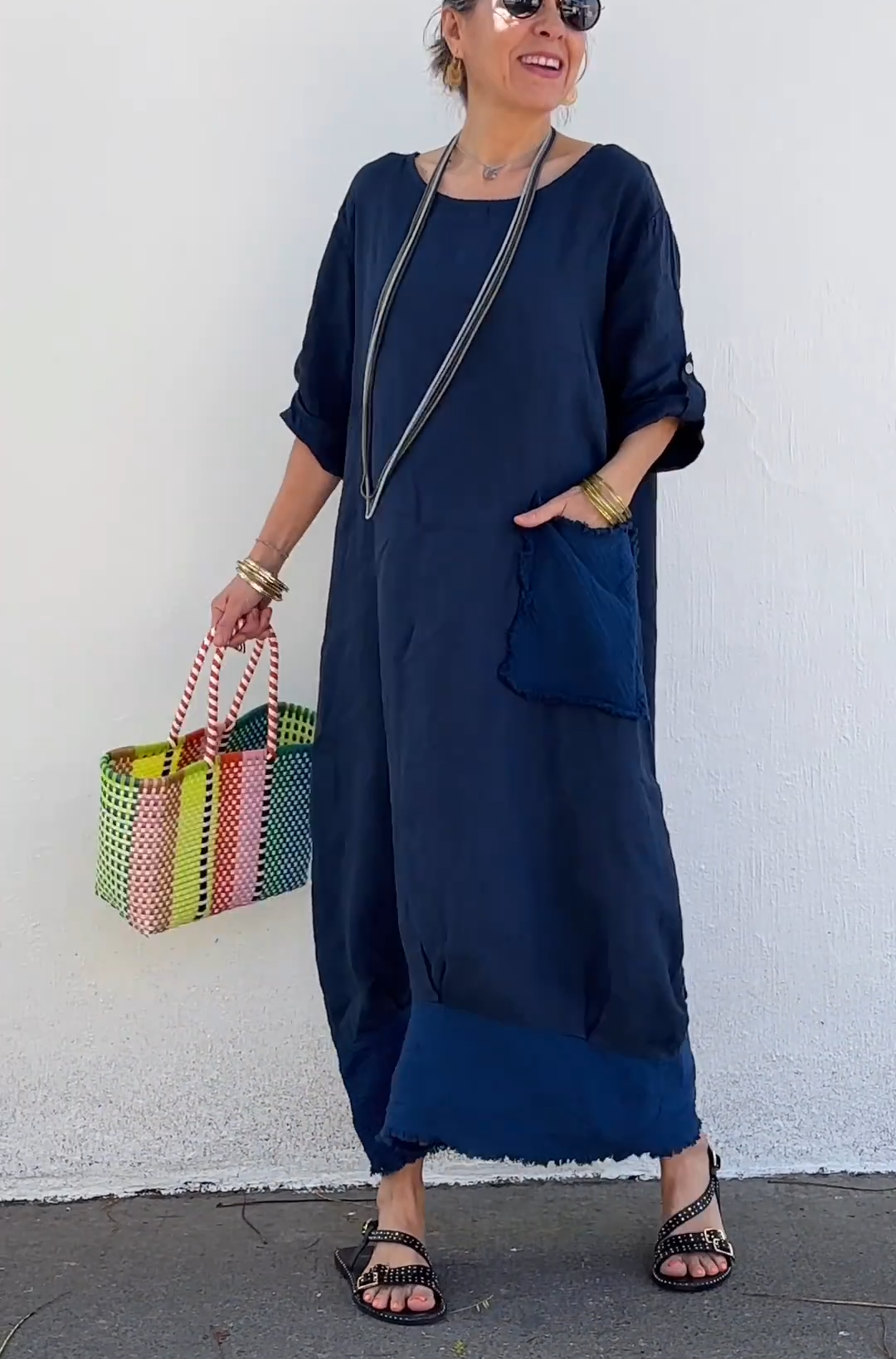 Oversized Linen Maxi Dress with Fringe Hem & Patch Pocket