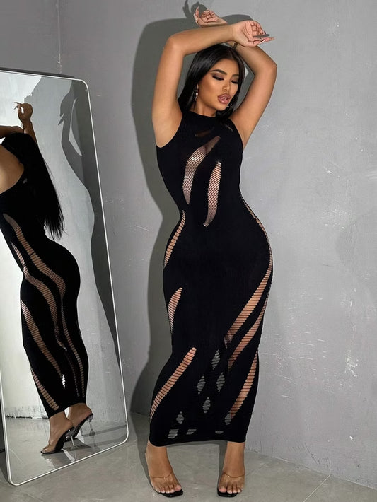 Sleeveless Sheer Cutout Bodycon Dress – Sexy Mesh Hollow-Out Mini Dress