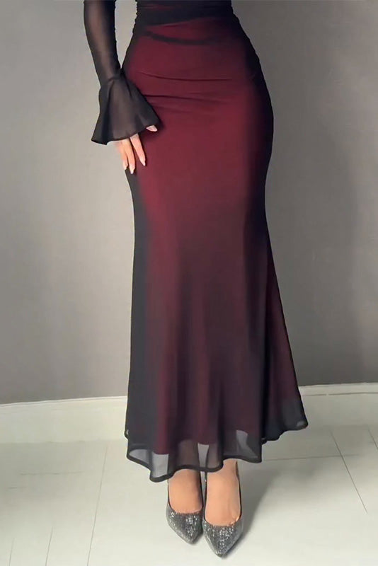 Burgundy Sheer-Sleeve Mermaid Gown