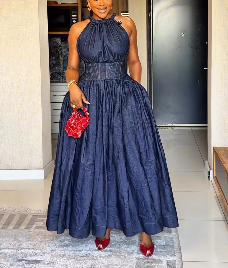 Dark Denim Halter Neck Corset Maxi Dress