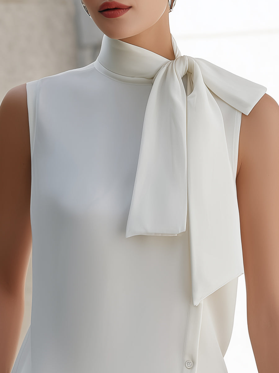 Sleeveless Asymmetric Hem Tie-Neck Blouse