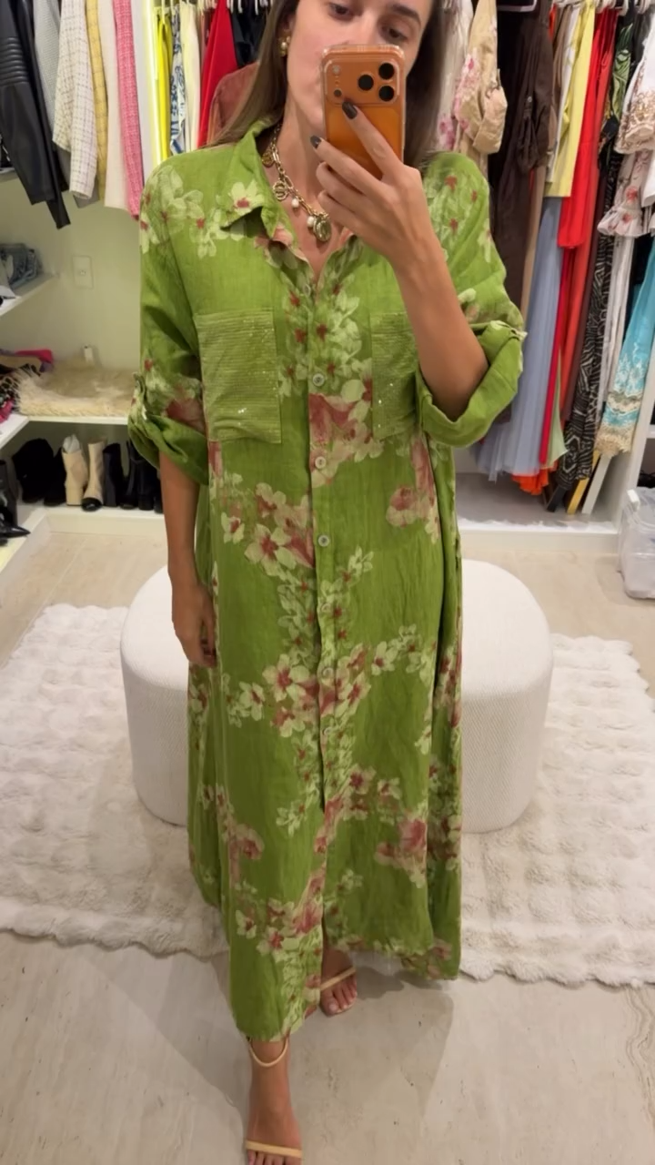 Green Floral Print Linen-Blend Shirt Maxi Dress