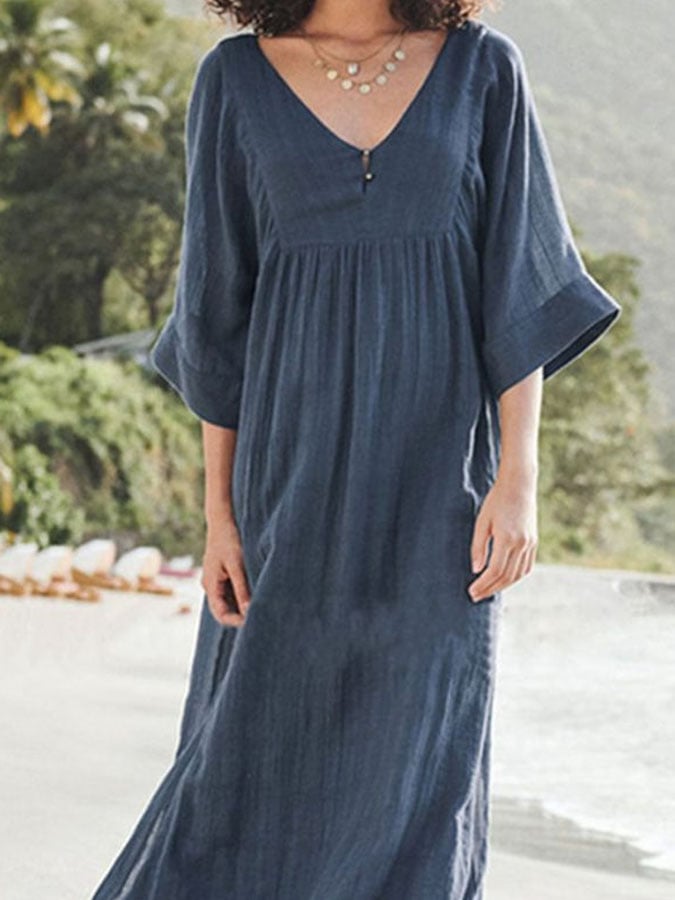 Women's Casual Solid Color V-Neck Three-quarter Sleeve Dress
