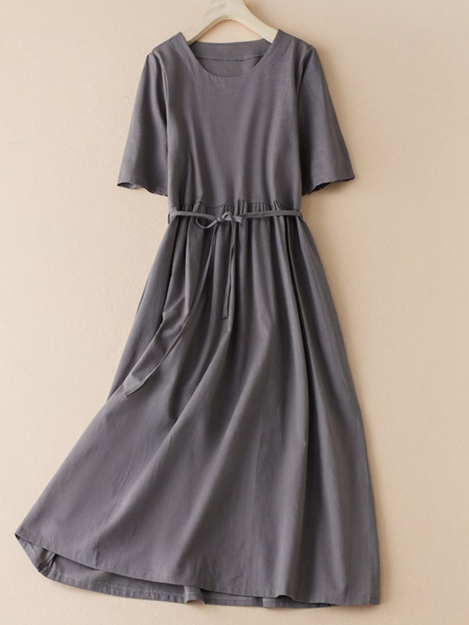 Cotton Linen Solid Color Round Neck Short Sleeve Dress