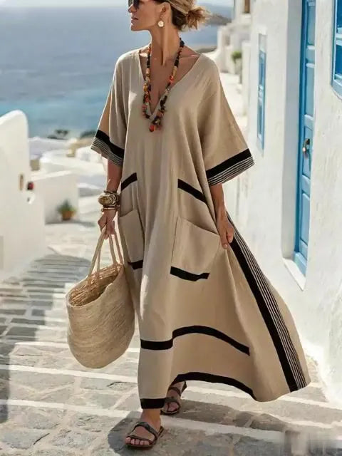 Women's Casual V-Neck Contrast Stripe Resort Dress
