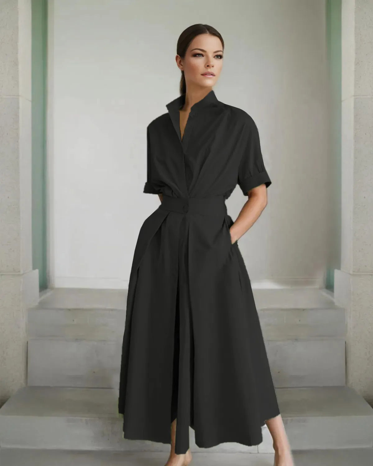 Solid-colored Waist-cinching Stand-collar Midi Dress