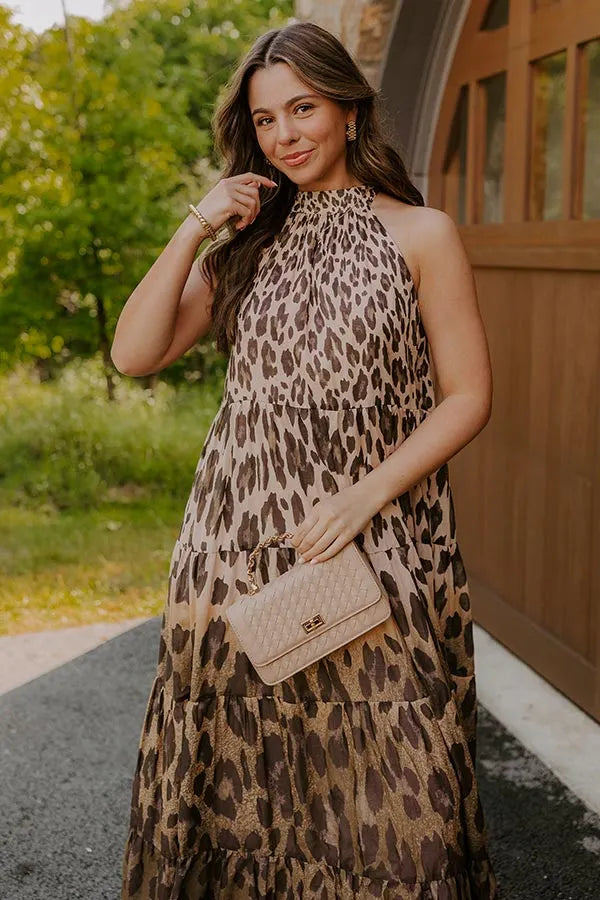Gradient Leopard Print Halter Neck Tiered Maxi Dress