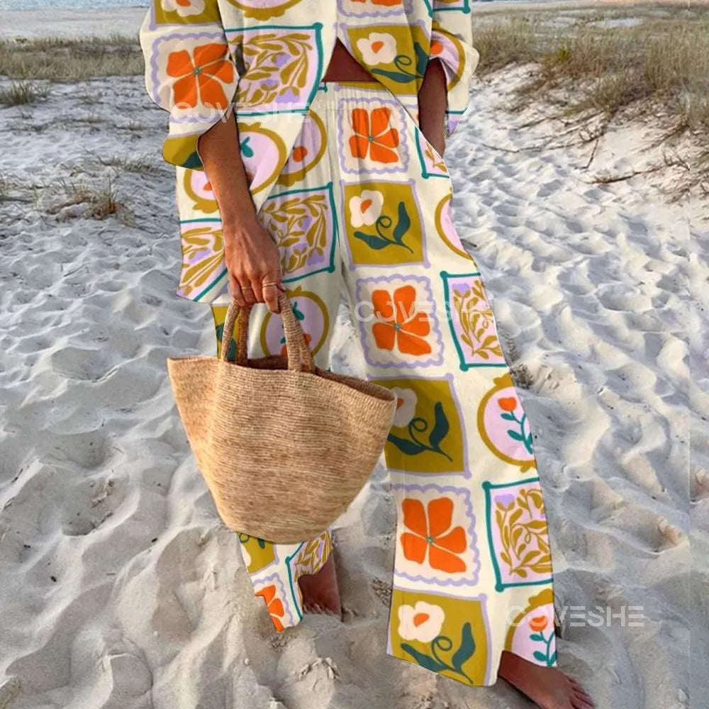 Women's Color Square Flower Printed Shirt & Pants Two-piece Set