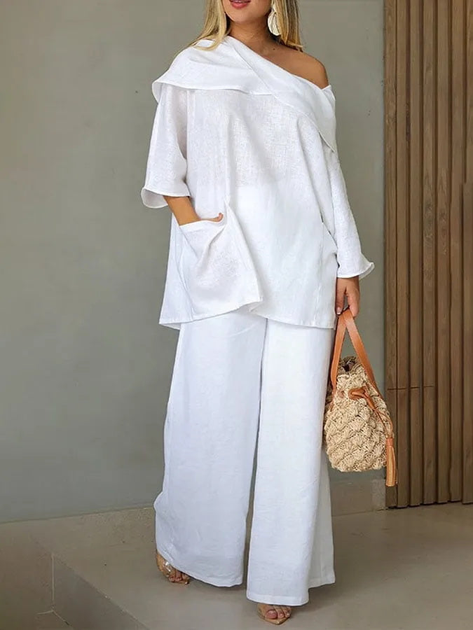 Women's Casual Solid Color  Long Sleeve Tops and Pants Cotton Two-piece Set