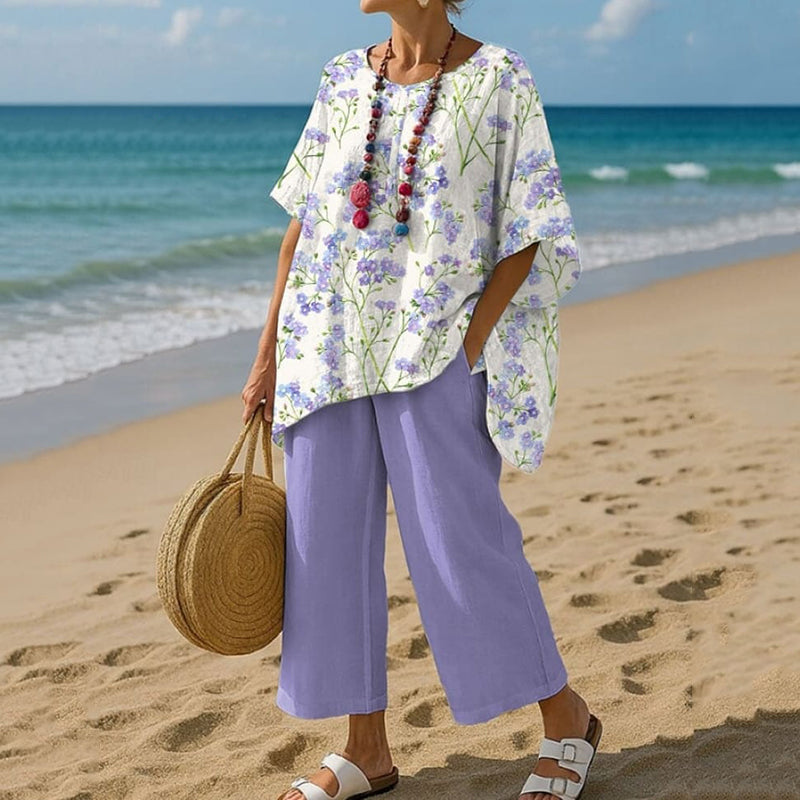 Women's Flower Print T-shirt And Pants Two Piece Set