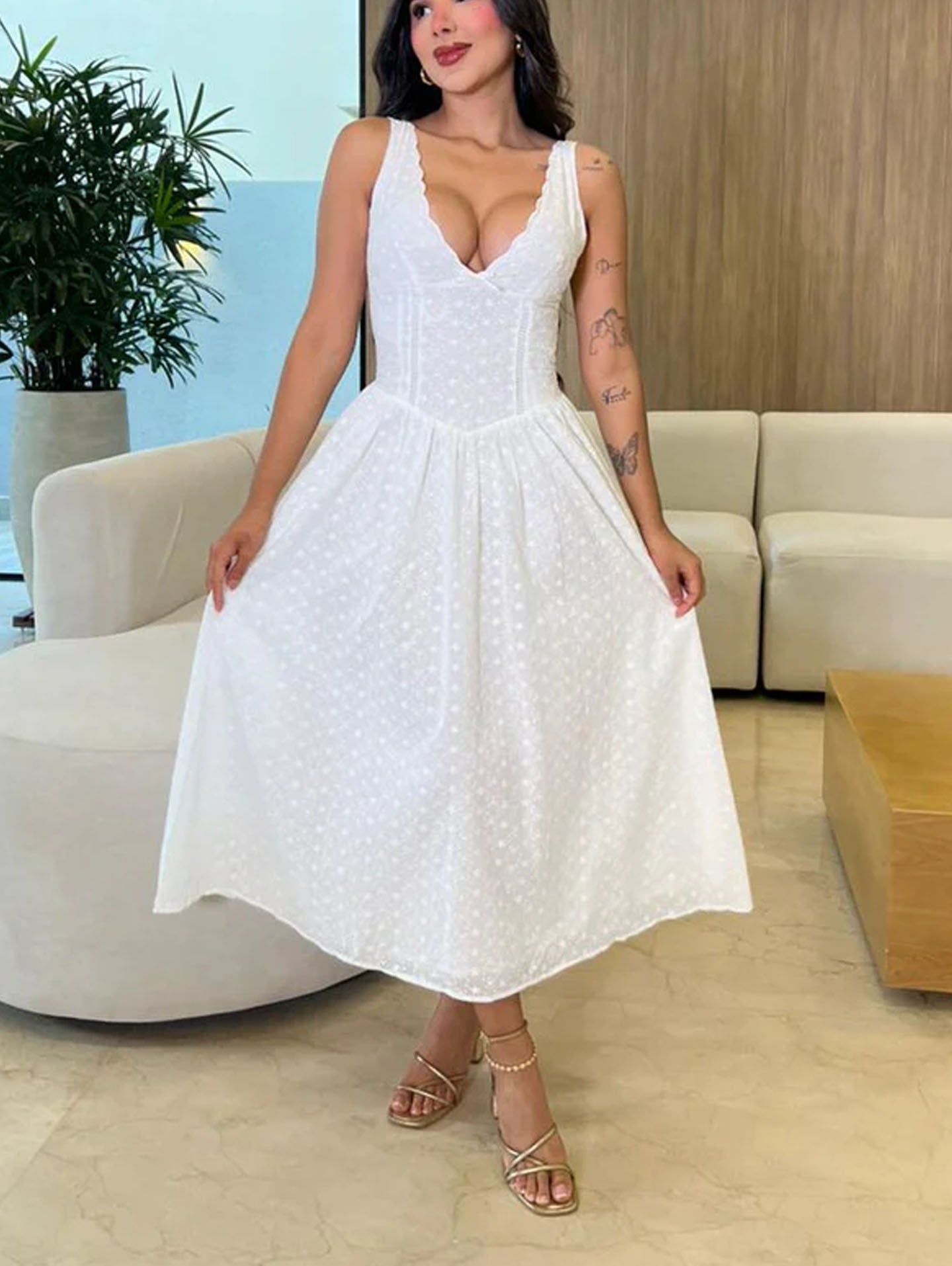 White Eyelet Corset Midi Dress with Lace Trim