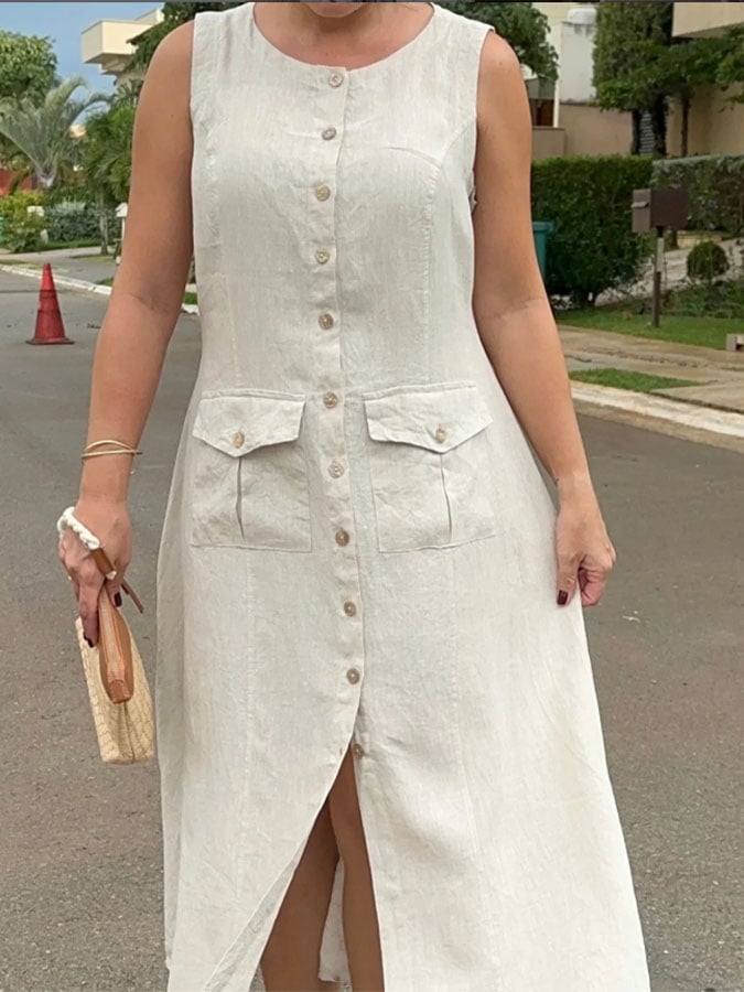 Women's Casual Solid Color Round Neck Sleeveless Button Cotton and Linen Dress