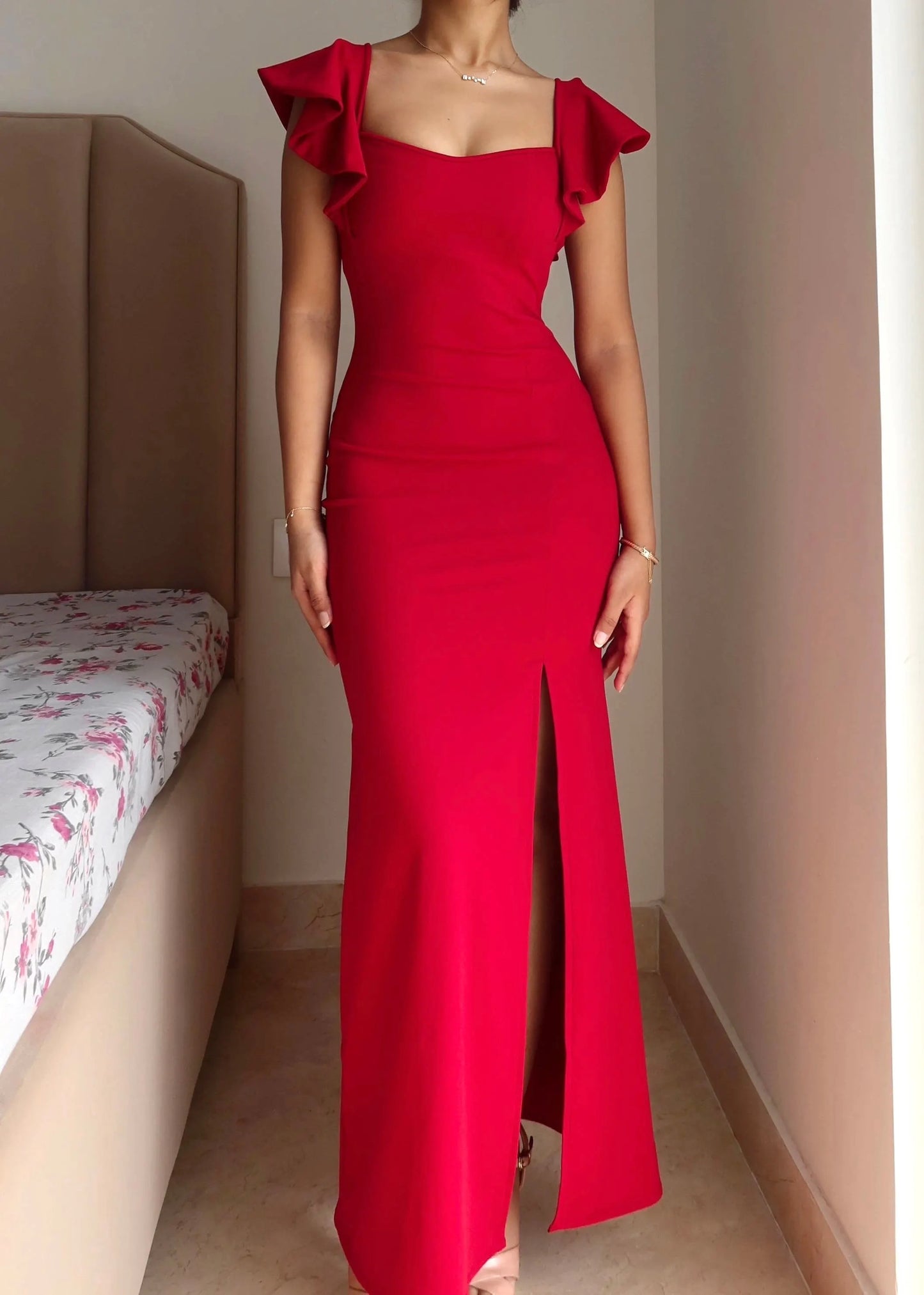 Solid-Color Ruffle Slit Maxi Dress