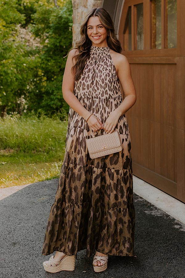 Gradient Leopard Print Halter Neck Tiered Maxi Dress