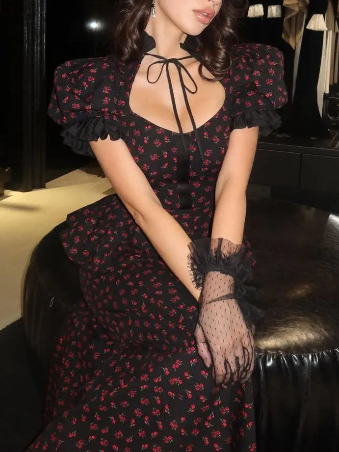 Rose Print Waist-Defining Maxi Dress