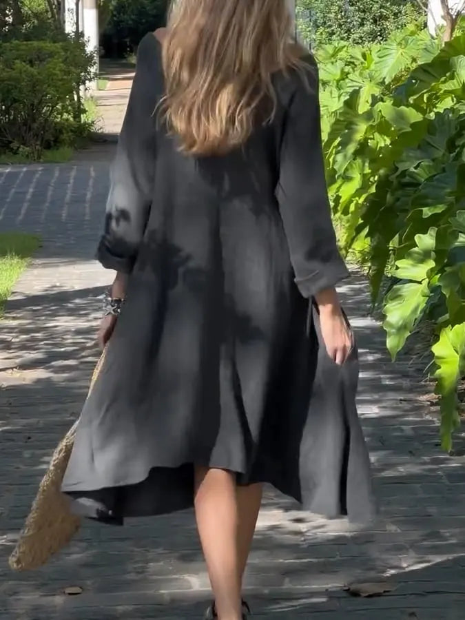 Women's Casual Solid Color V-Neck Cotton and Linen Dress