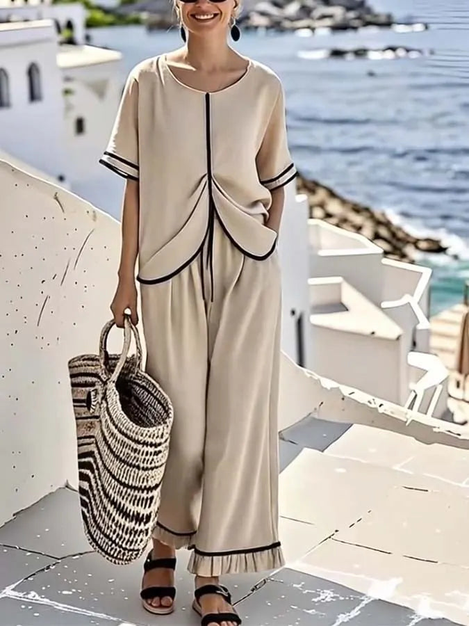 Women'S Loose Pleated Striped Printed Wide Leg Pants Set