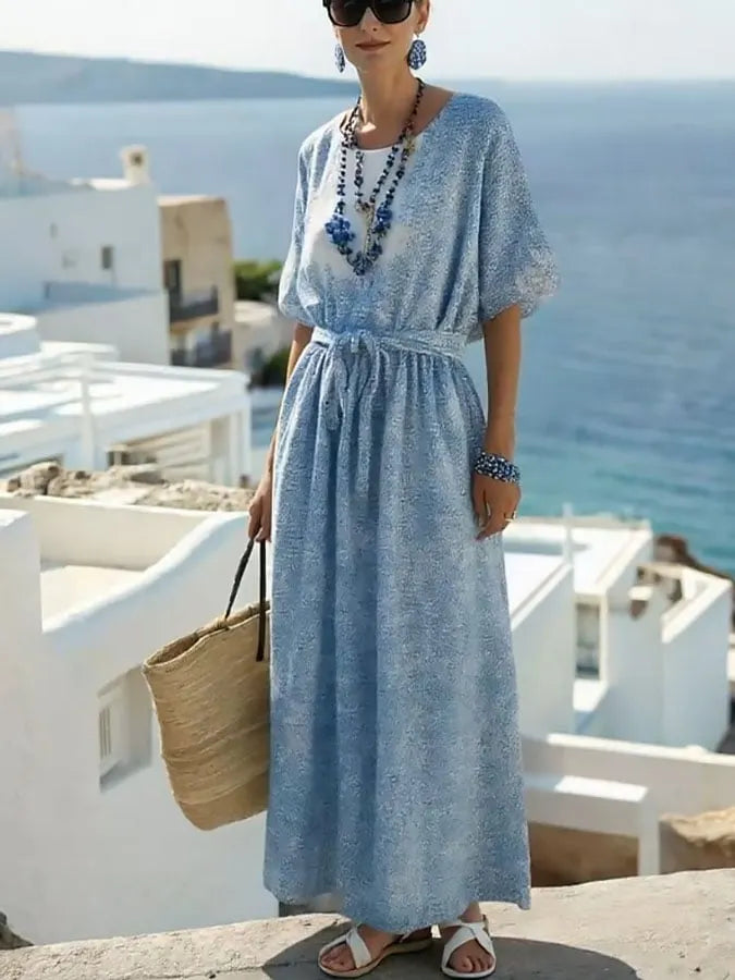 Women's Holiday Gradient Floral Round Neck Mid Sleeve Cotton and Linen Dress