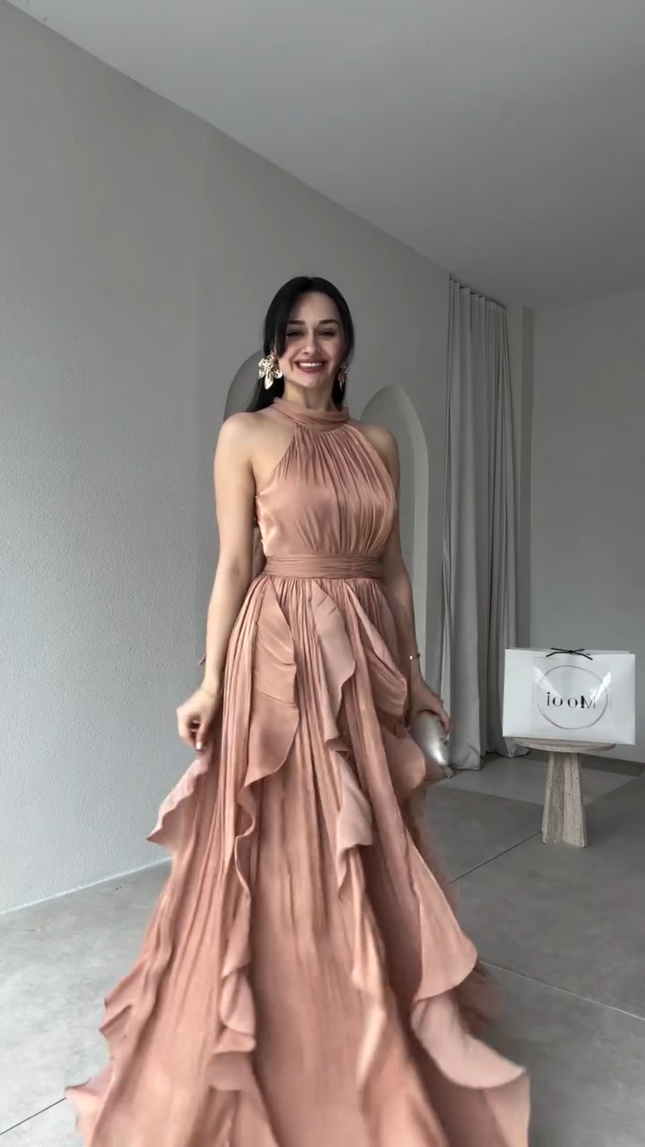 Halter Neck Tiered Ruffle Chiffon Maxi Dress