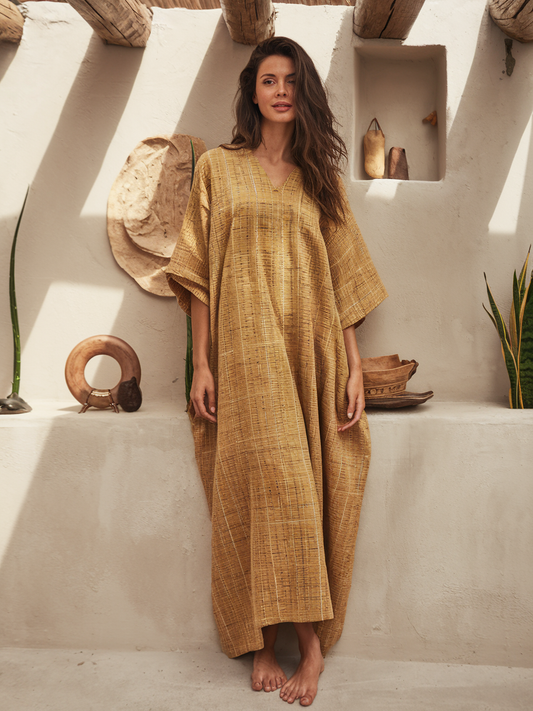 Contton & Linen Long Sleeve Kaftan Maxi Dress