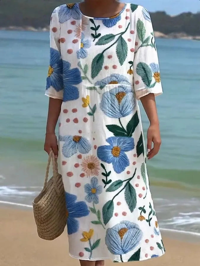 Women's Casual  Round Neck Mid Sleeve Print Cotton and Linen Dress