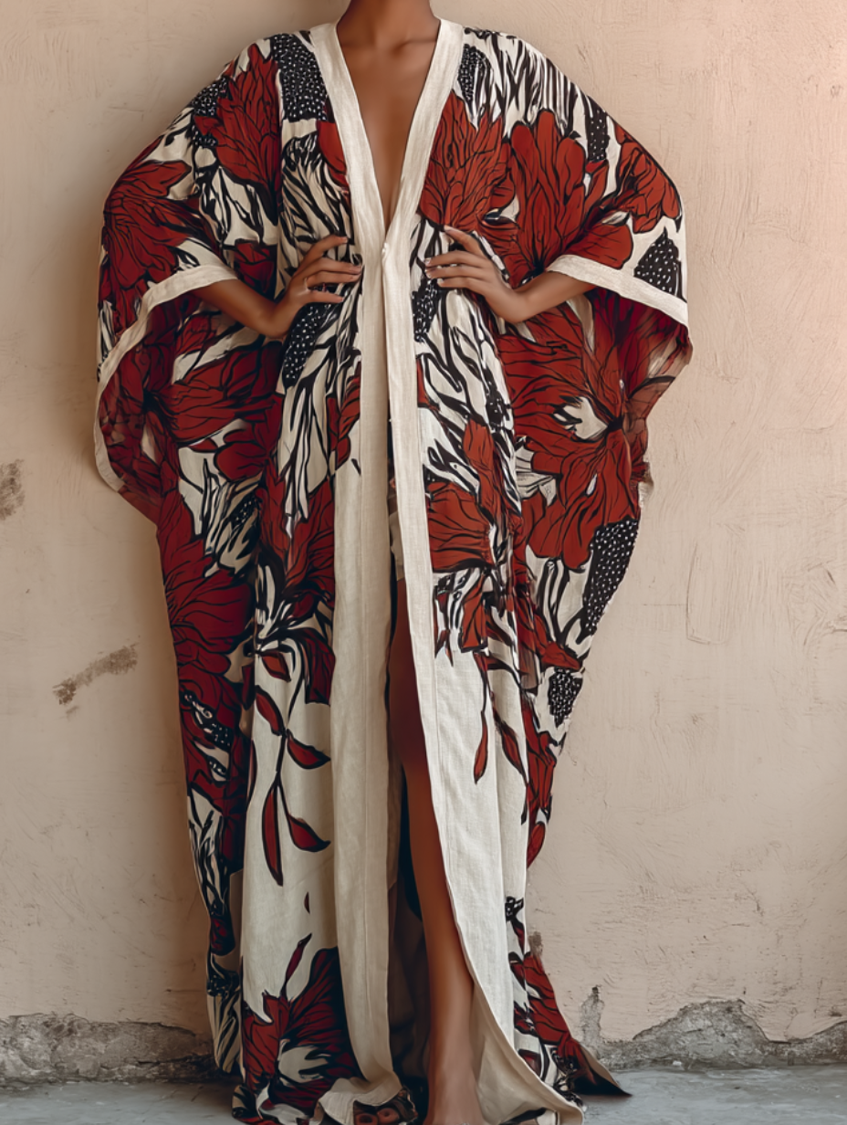 Women's Red Poppy Kimono Linen Robe