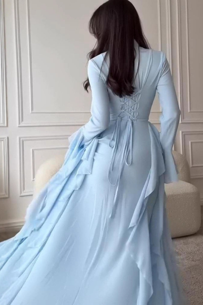Elegant Crew Neck Long-Sleeve Maxi Dress with Ruffled Details & Flared Bell Sleeves