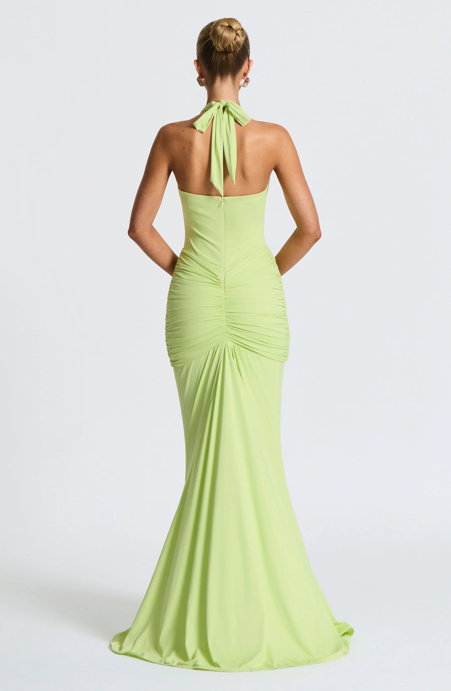 Solid Color Halterneck V-neck Open Back Tie Gathered Maxi Dress