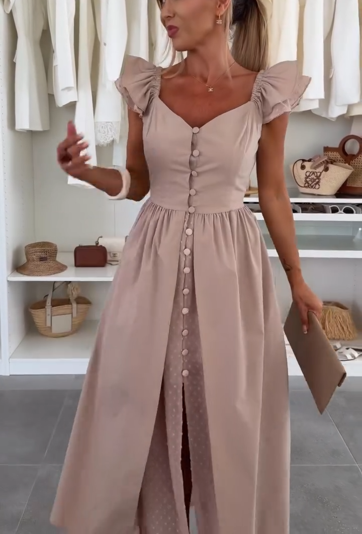 Polka Dot Ruffle Sleeve Midi Dress with Double Layer