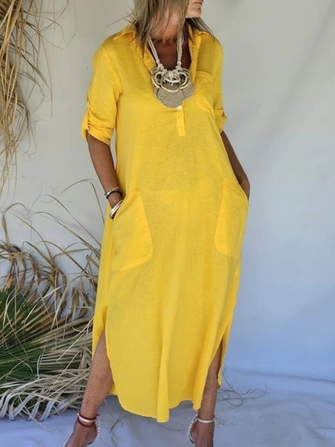 Women's Casual Solid Color Lapel Three-quarter Sleeve Button Cotton and Linen Dress