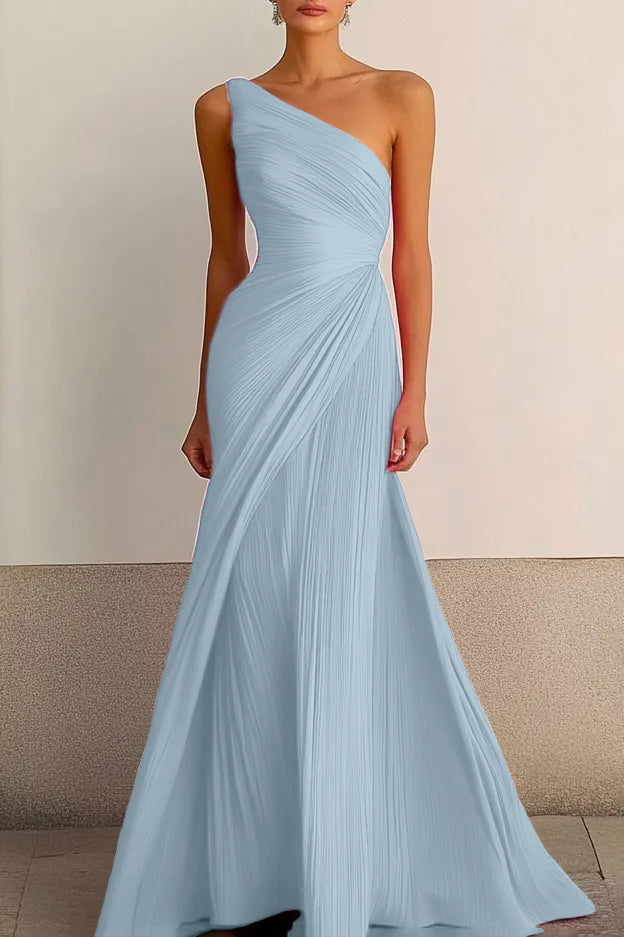 One Shoulder Pleated Maxi Dress Flowy Bodycon Gown Darted Waist Wedding Guest Dress