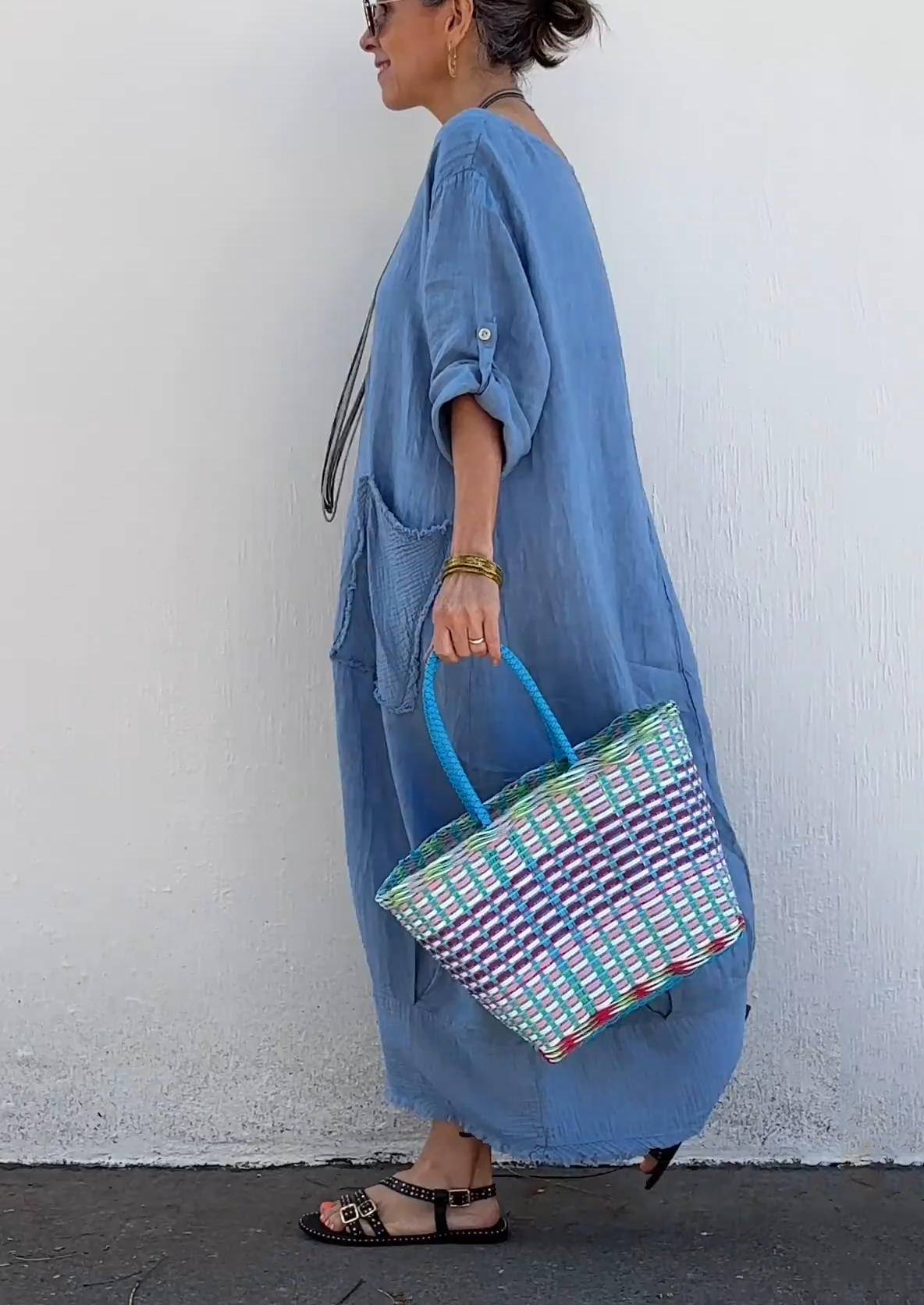 Oversized Linen Maxi Dress with Fringe Hem & Patch Pocket