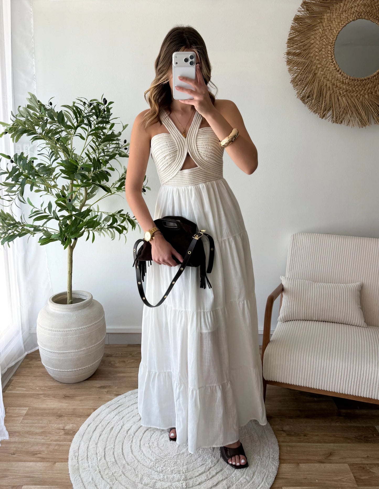 Tiered Maxi Dress with Crisscross Textured Bodice