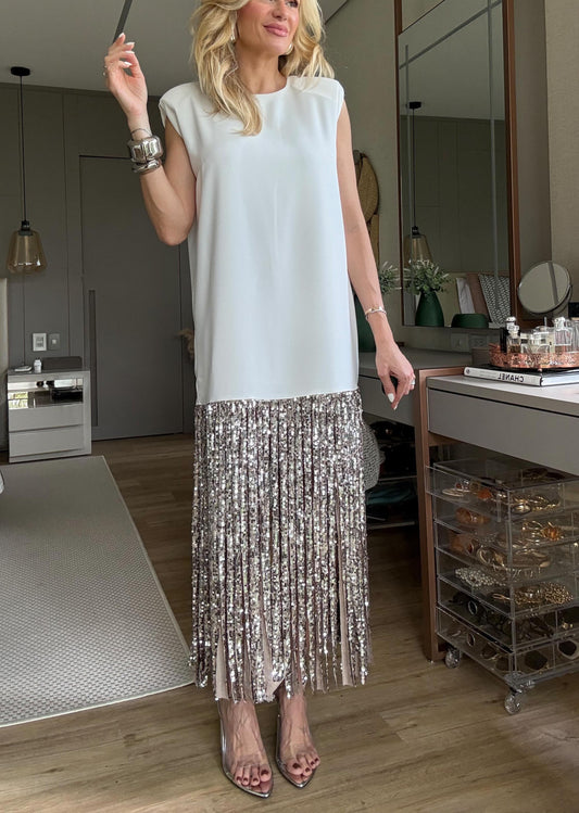 White & Silver Sequin Fringe Shift Midi Dress