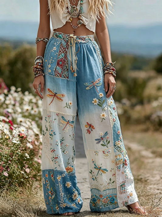 Women's Dragonfly & Floral Embroidered Ombre Patchwork Boho Wide Leg Pants