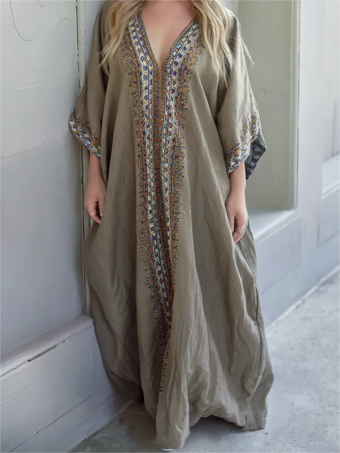 Contton & Linen  Long Sleeve  Kaftan Maxi Dress