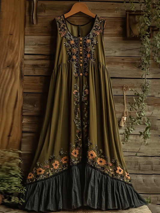 Vintage Tribal Lace Embroidered Floral Art Linen Maxi Dress