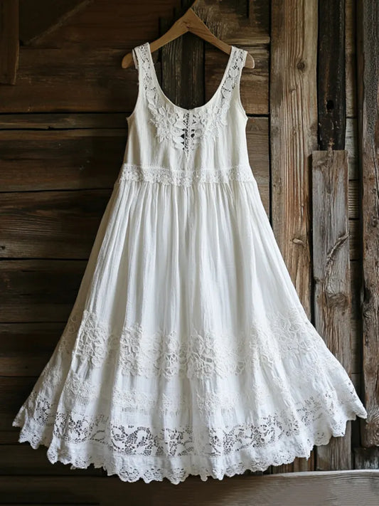 Vintage Floral Lace Art Linen Tank Dress