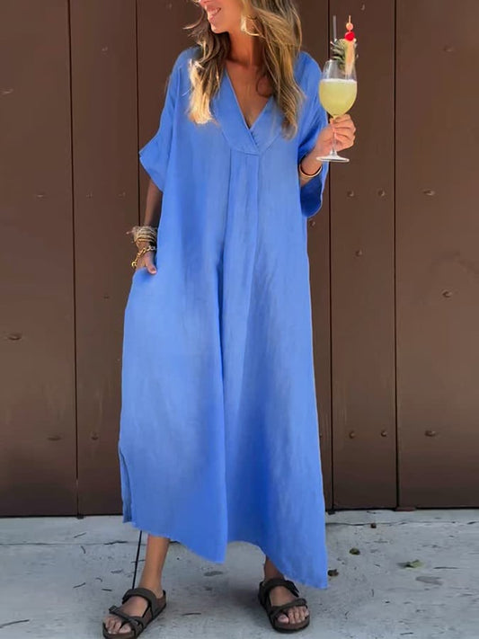 Women'S Casual Solid Color Short-Sleeved V-Neck Cotton And Linen Dress