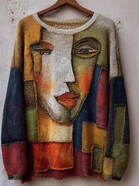 Vintage Abstract Face Colorblock Patchwork Knit Sweater