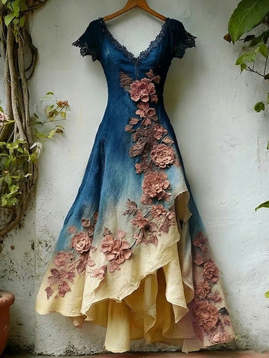 Women's Floral Embroidered Color-blocked Linen Dress
