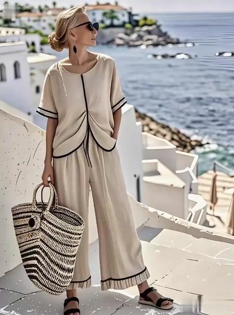 Women'S Loose Pleated Striped Printed Wide Leg Pants Set