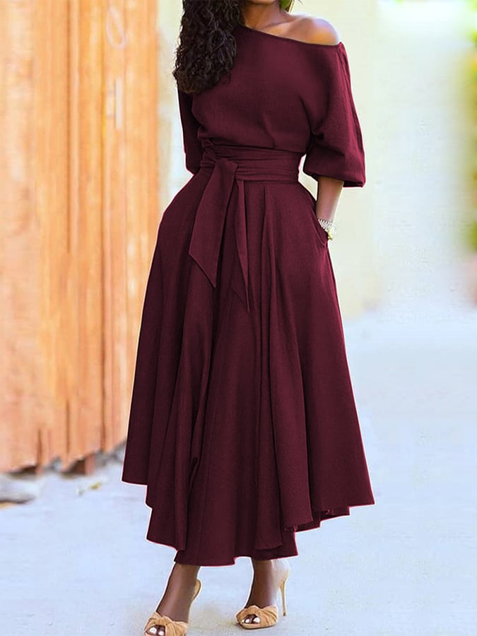 Slash Collar Tie Waist Pocket Dress