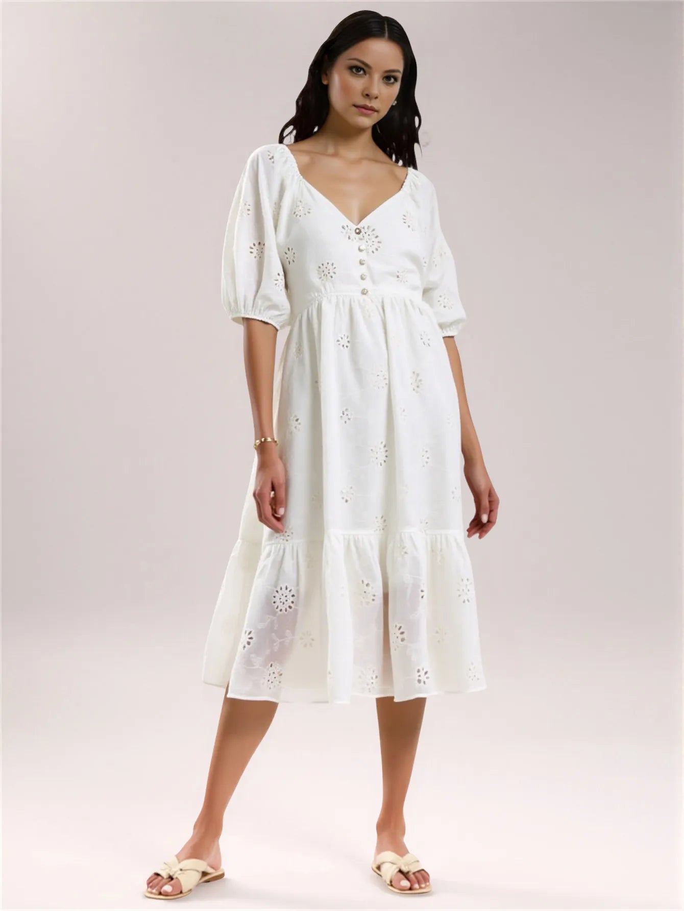 Short-Sleeved V-Neck Waist Slim A-Line Hollow Embroidered Dress