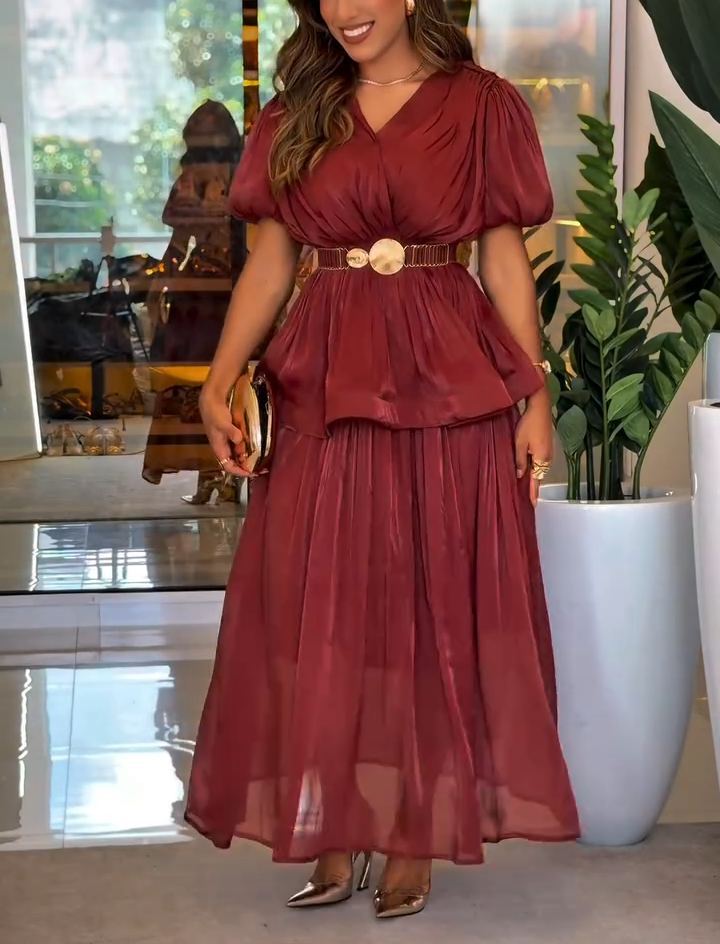 Shimmer Satin Puff Sleeve Belted Waist Maxi Dress
