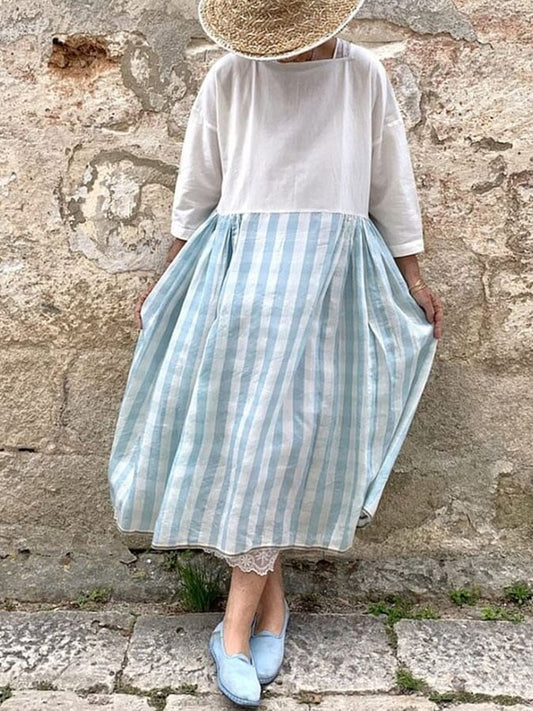 Women'S Casual Round Neck Three-Quarter Sleeve Striped Print Dress