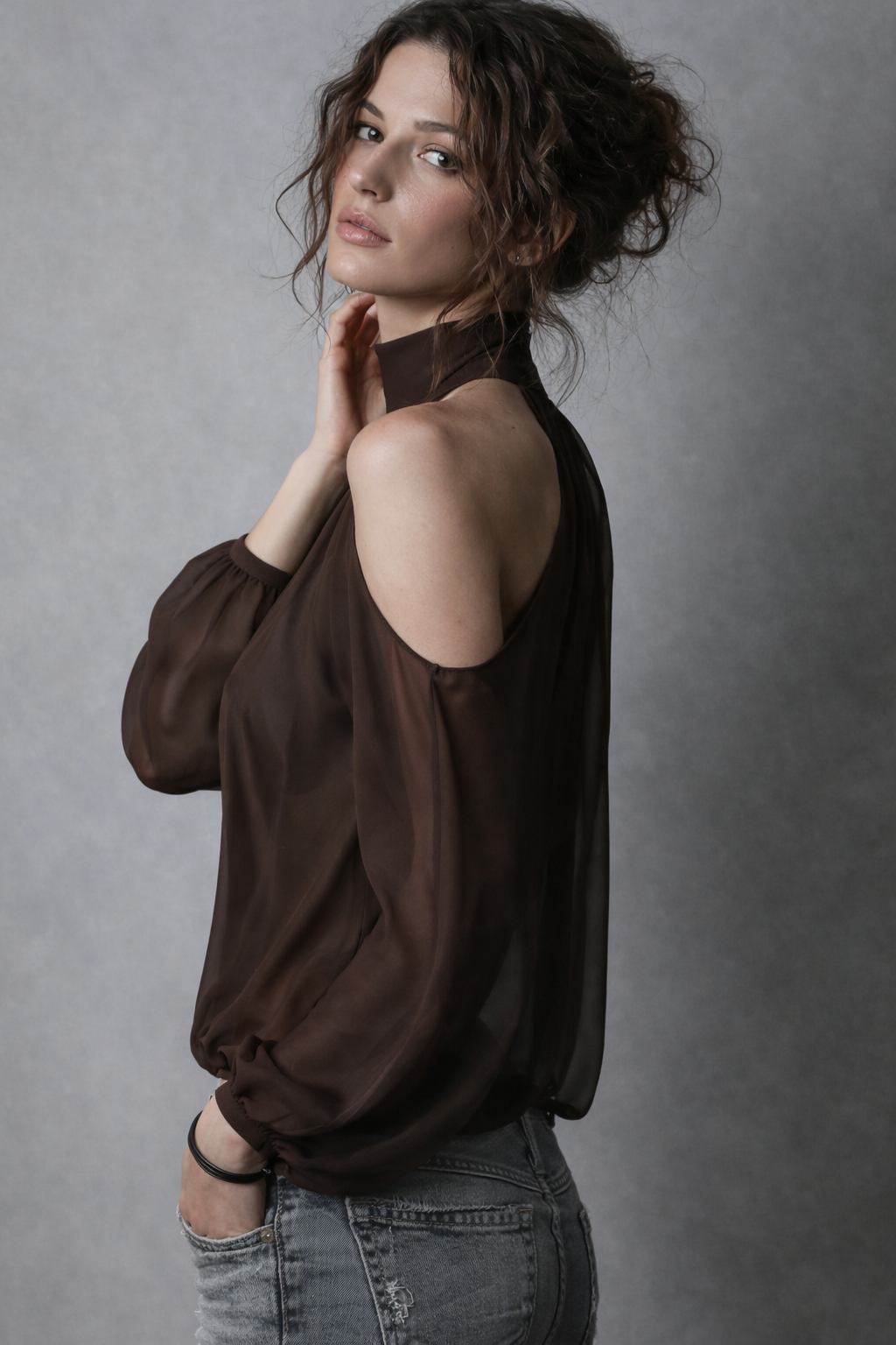 Chocolate Pleated Halter Crop Top with Flowing Lantern Sleeves