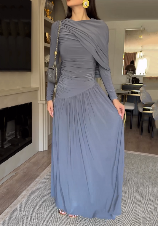 Asymmetrical Draped Shoulder Ruched Waist Maxi Dress