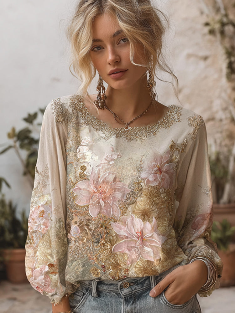 Women's Bohemian Lily Print Dyeing Gold Round Neck Long Sleeve Top