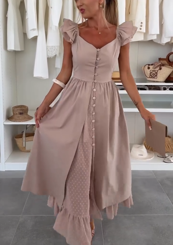 Polka Dot Ruffle Sleeve Midi Dress with Double Layer